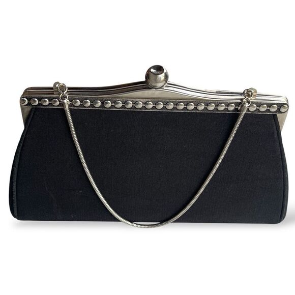 Vintage Beaded Accent Silver Kisslock Snake Chain Black Trapezoid Frame Clutch - Picture 1 of 16